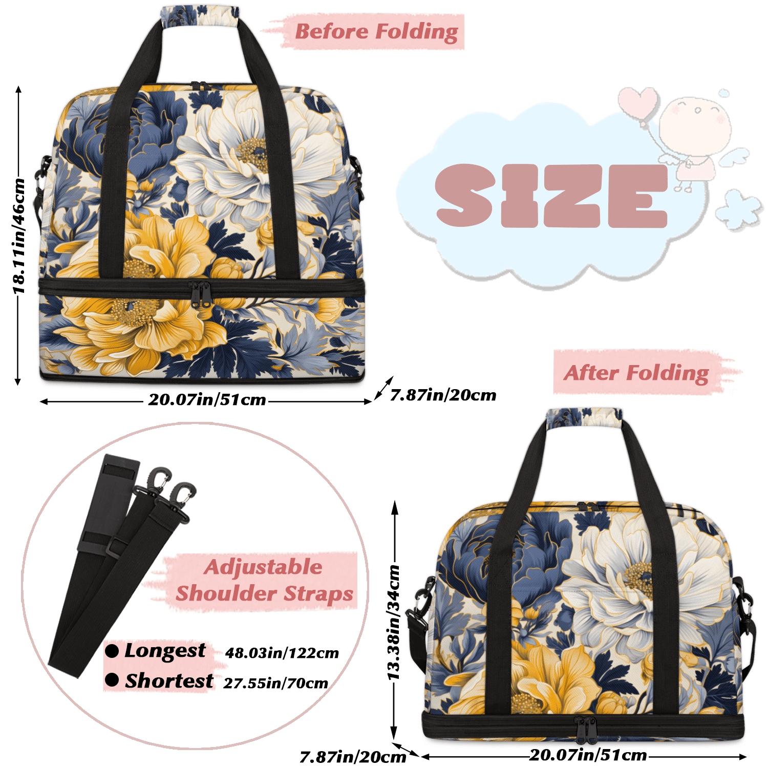Herdesigns Navy Blue Floral Foldable Travel Duffle Bag for Women and Men Lightweight Carry On Overnight Bag Yellow Flowers Gym Luggage Weekender Bags with Shoe Compartment