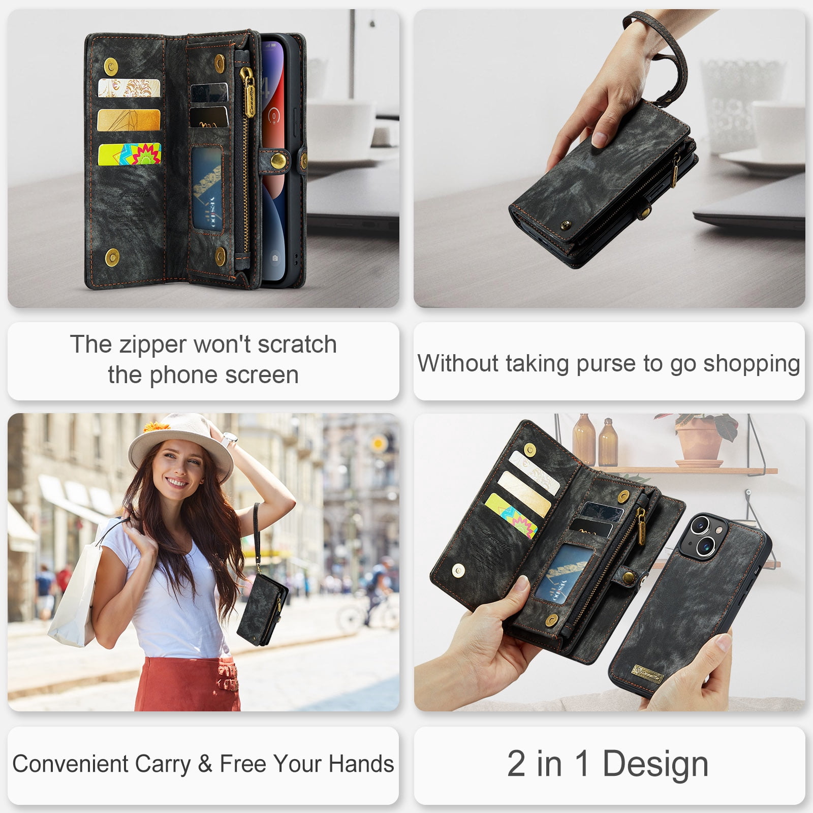 For Apple iPhone 15 Plus Wallet Case,Multi-Functional Retro Leather Purse Flip Cover Zipper Wallet Case with Removable Card Slots Pocket & Detachable Wrist Strap Magnetic Phone Case, Black