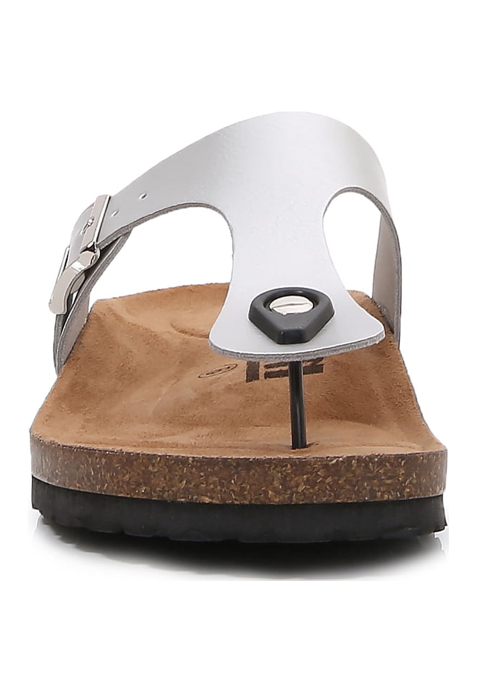 Women Soft Cork Footbed PU Leather Hook and Loop T Strap Flip Flops (PU Silver / 9 )