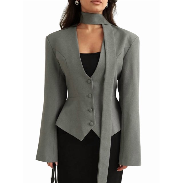 Chaqueta de Traje de Larga para Mujer, Color Liso, Cuello en V, Corte Entallado y Hombreras Gris M