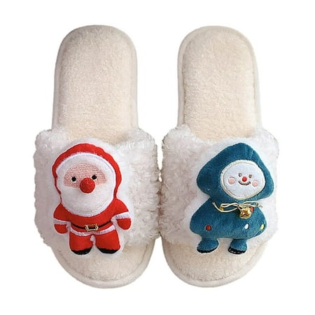 

Christmas Slippers for Women Winter Plush Warm Home Shoes Cute Cartoon Santa Open Toe Fuzzy Fleece Slip-on Slippers