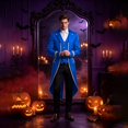 thumbnail image 2 of Mens Tailcoat Gothic Tuxedo Steampunk Jacket, Medieval Halloween Costume with Gold Trim, Retro Victorian Frock Coat for Cosplay Party 1 Pcs Blue L, 2 of 5