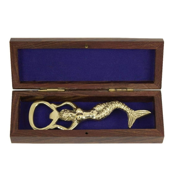 Solid Brass Mermaid Bottle Opener in Wooden Box with Inlaid Anchor