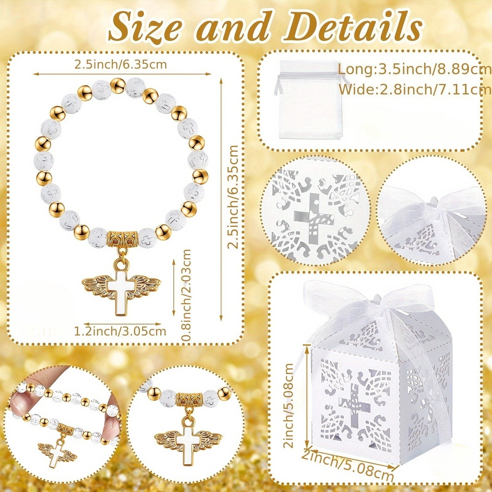 100 Pcs Baptism Favor Set, Angel Cross Rosary Beaded Bracelets with Gift Boxes Thank You Tags and Organza Bags, Religious Party Favors for Baptism Communion Christening Celebration Guests