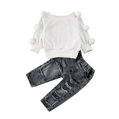 

One opening 2Pcs New Toddler Kids Baby Girls Sweater Tops Denim Pants Winter Outfits Clothes