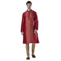 Ethnix Men's Indian Royal Classic Collar Festive Maroon Kurta Tunic Pajama Set; Maroon; MD