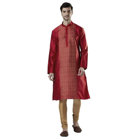 Ethnix Men's Indian Royal Classic Collar Festive Maroon Kurta Tunic Pajama Set; Maroon; MD