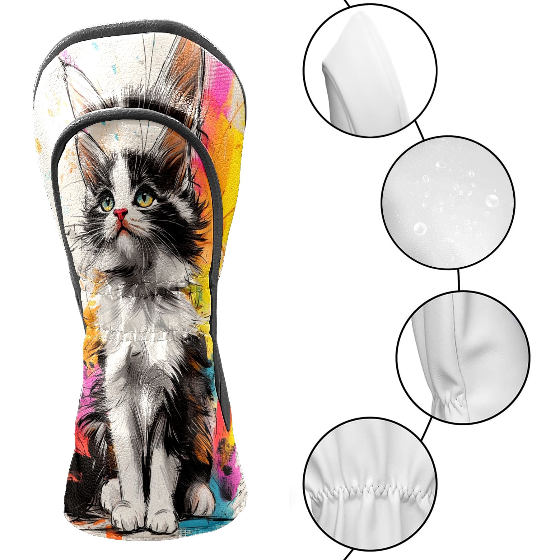 Golf Club Head Covers - Graffiti Cat Design, PU Leather, Waterproof, Fits Fairway Woods/Hybrid, Unisex, Fits Most Brands