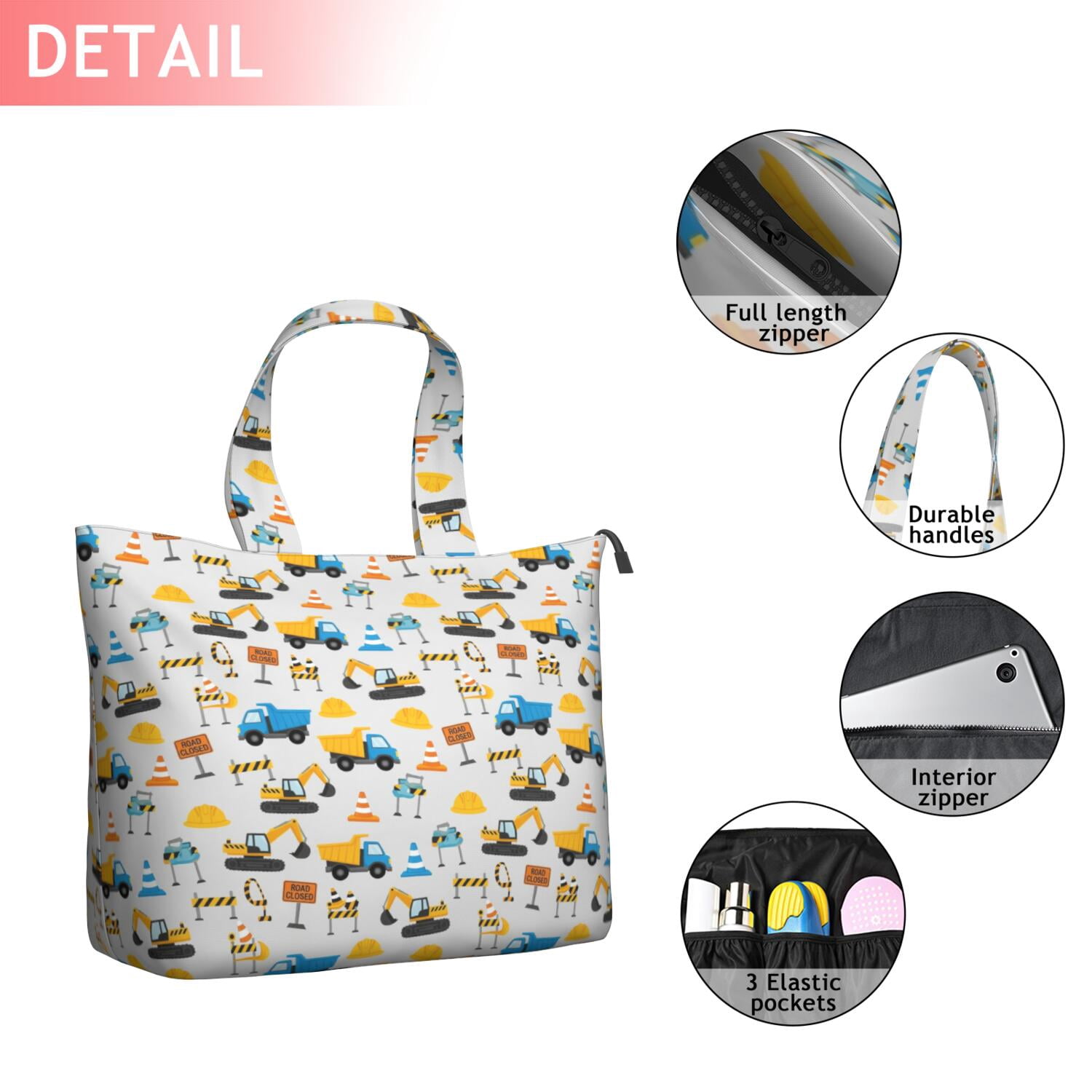 Cartoon Construction Vehicles Road Signs Travel Tote Bags for Women Carry On,Large Weekender Bags for Women Travel,Multi Functional Duffle Bag for Work,Shopping,Sports