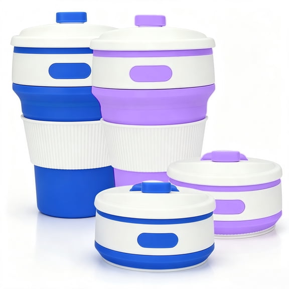 2 Pack 11.8 oz Collapsible Silicone Travel Cup, Portable Foldable Coffee Mug with Leakproof Lid & Anti-Slip Sleeve, Reusable Silicone Water Cup for Camping Hiking Office Commute, Dark Blue & Purple