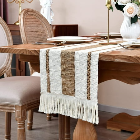 

Home Macrame Table Runner Farmhouse Style - Burlap Cotton Rustic Cream Beige Boho Splicing Table Runner with Tassels for Wedding Bridal Shower Party Kitchen Dining Table Decor 12 x 72 Inch