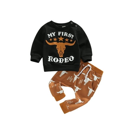 

Musuos Baby Boys Girls 2 Pieces Outfit Letter Cattle Head Print Round Neck Long Sleeve Sweatshirts Tops + Elastic Waist Long Pants Set