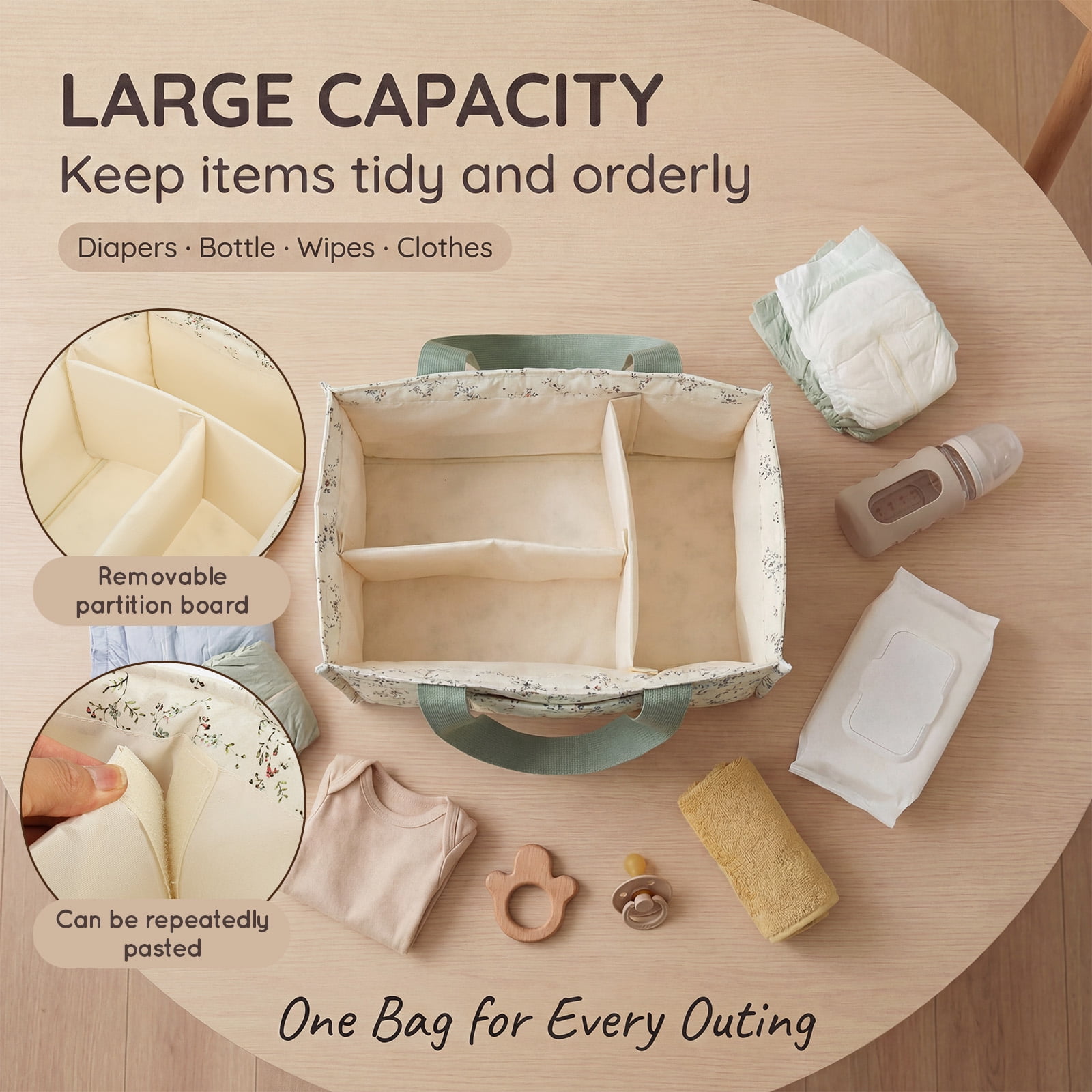 Ikoopy Floral Diaper Caddy Organizer Stylish Nursery Storage Basket Present for Baby Shower Newborn Essential Floral Beige Green