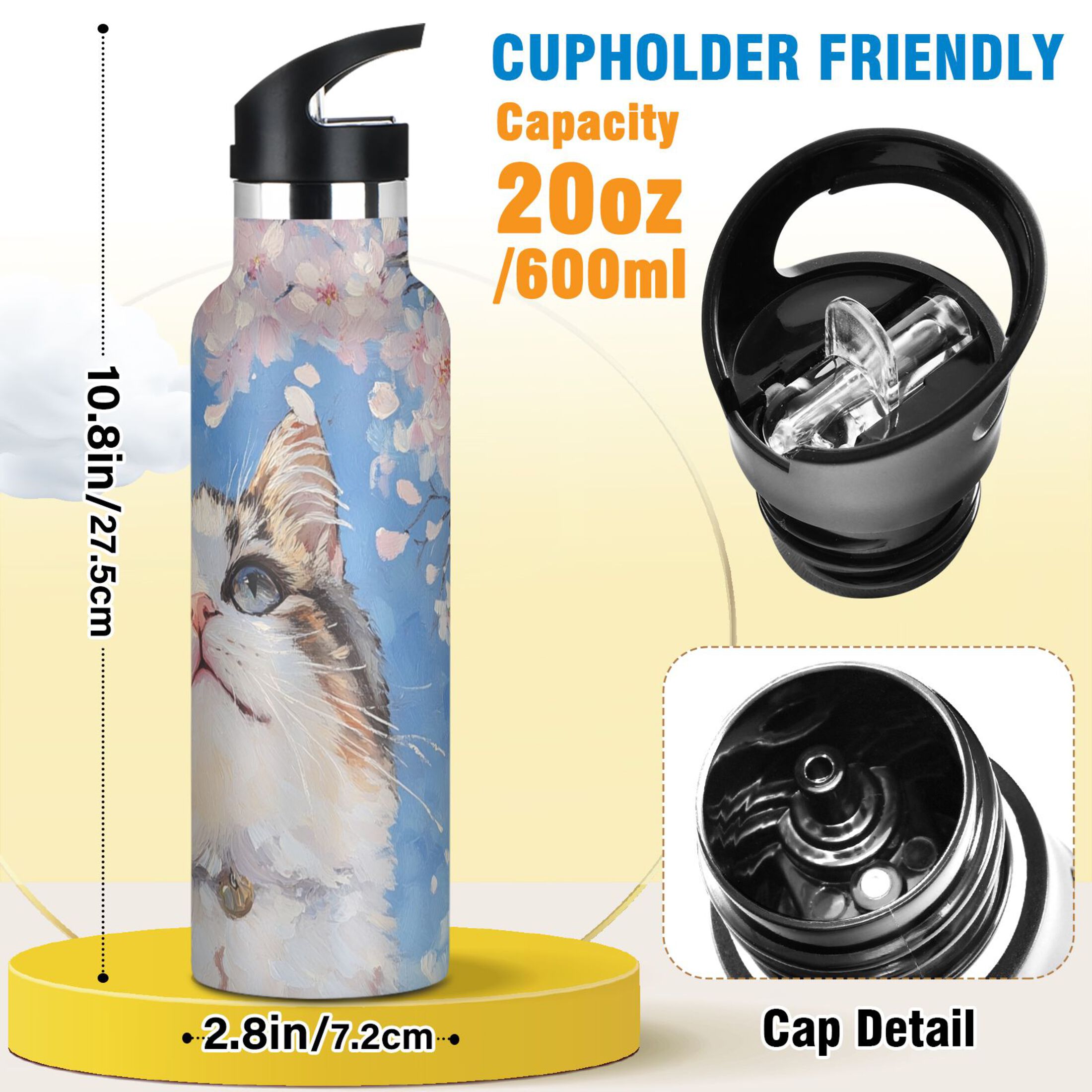 600ML Stainless Steel Insulated Cup Sports Water Bottle Portable Thermos Cup Water Glasses Insulated Tumblers Convenient and Durable Cherry Blossom Cat