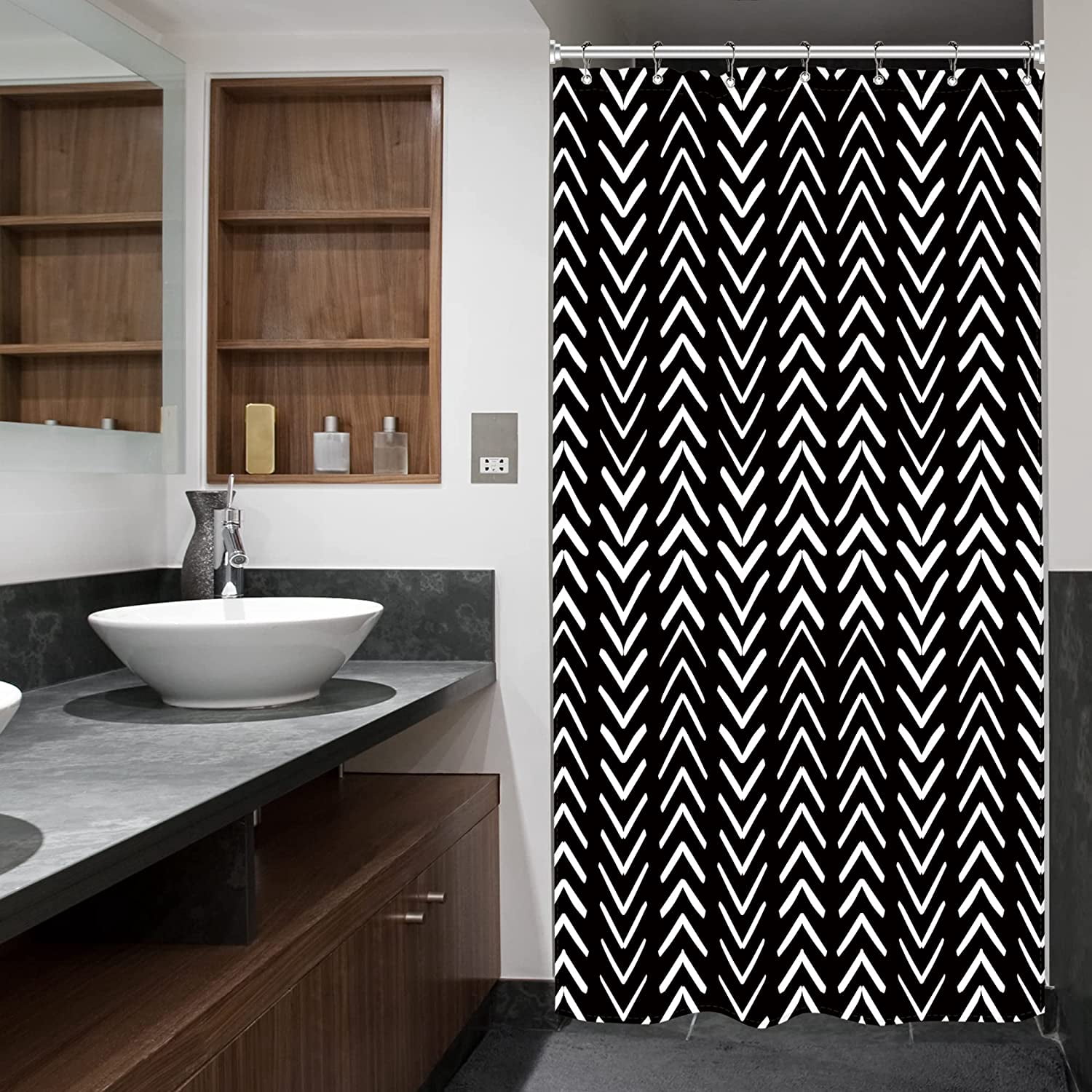 Black Stall Small Boho Shower Curtain for Bathroom Half Size 36x72 Inch Geometric Chevron Striped Herringbone Single Narrow Tiny Walkin Rv Dorm Decor Fabric Bathroom Set Polyester Waterproof