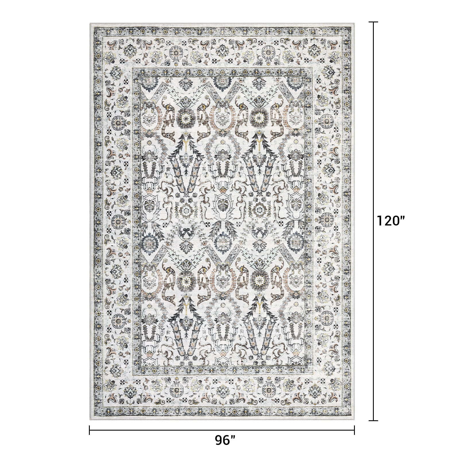 6x9 Washable Area Rug - Persian Boho Vintage Design, Ultra-Thin Foldable Low Pile Rug, Non-Shedding Pet & Kid Friendly for Bedroom, Dining Room, Home Office, Light Grey