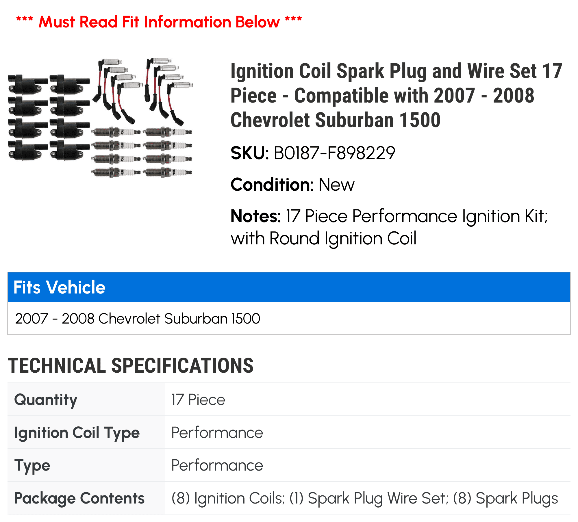 Ignition Coil Spark Plug and Wire Set 17 Piece - Compatible with 2007 - 2008 Chevy Suburban 1500