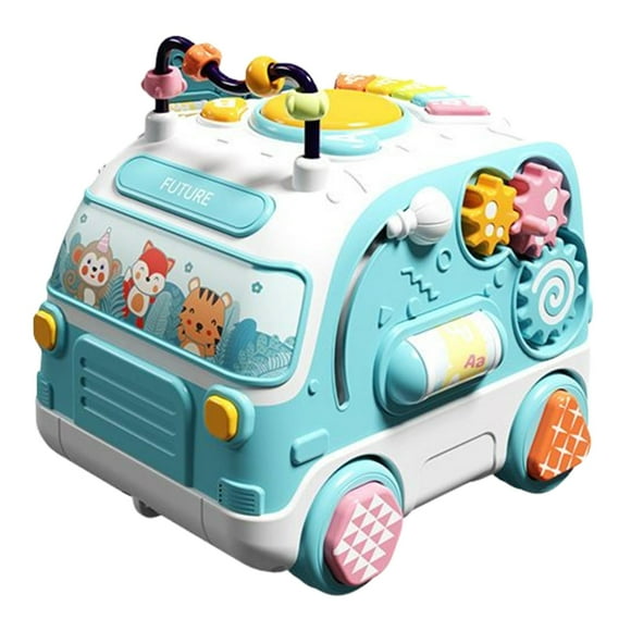 Autobús musical de juguete con instrumento musical y articulación para la coordinación mano-ojo para bebés. Azul