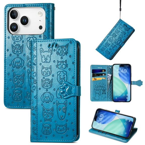 for iPhone 17 Pro Max Case, Premium PU Leather Wallet Case [Cat & Dog & Flowers Embossed] Card Slots Kickstand Magnetic Closure Flip Case Cover for iPhone 17 Pro Max, Blue