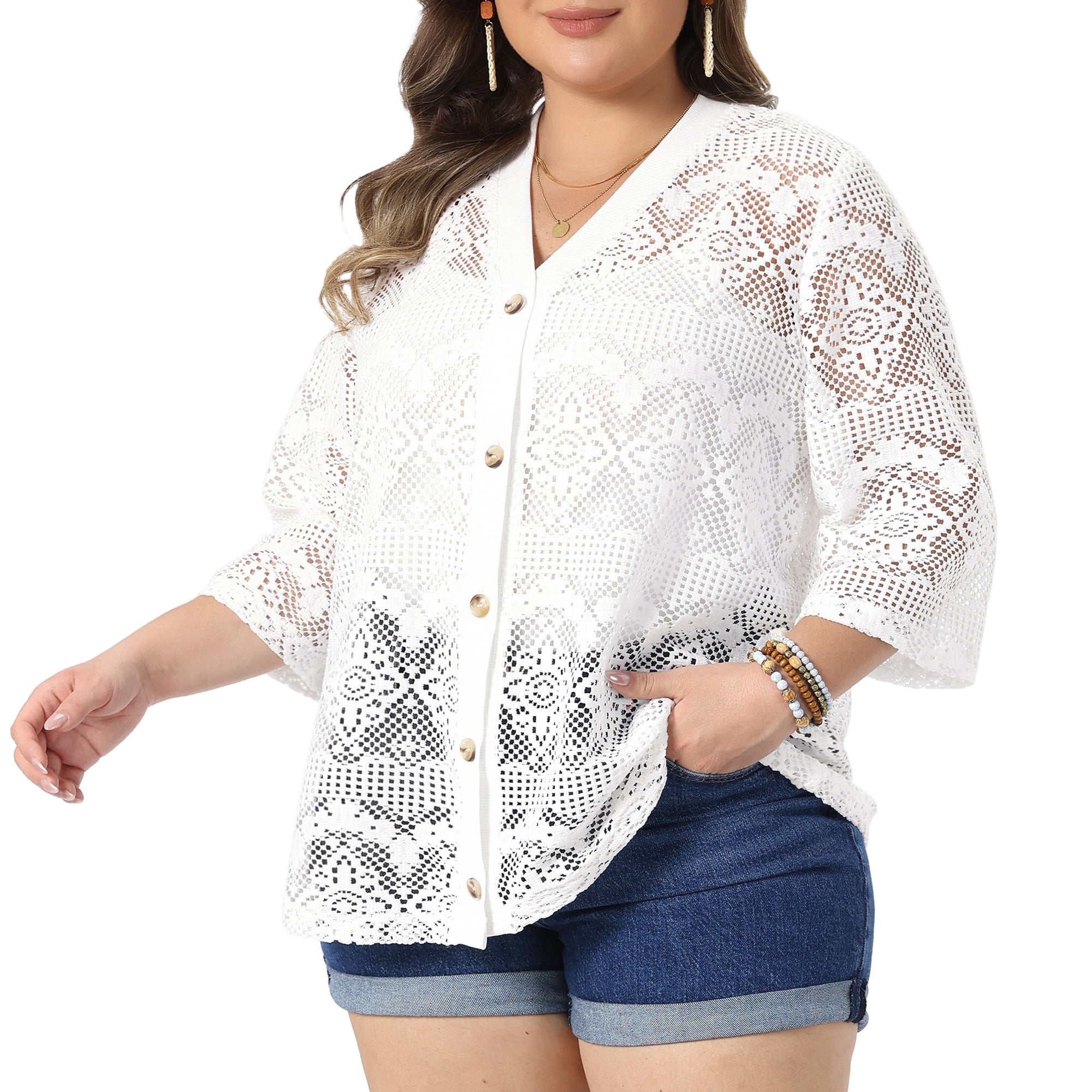 DARING DIVA Women's Plus V Neck 3/4 Sleeve Crochet Button Front Cover Up 4X White