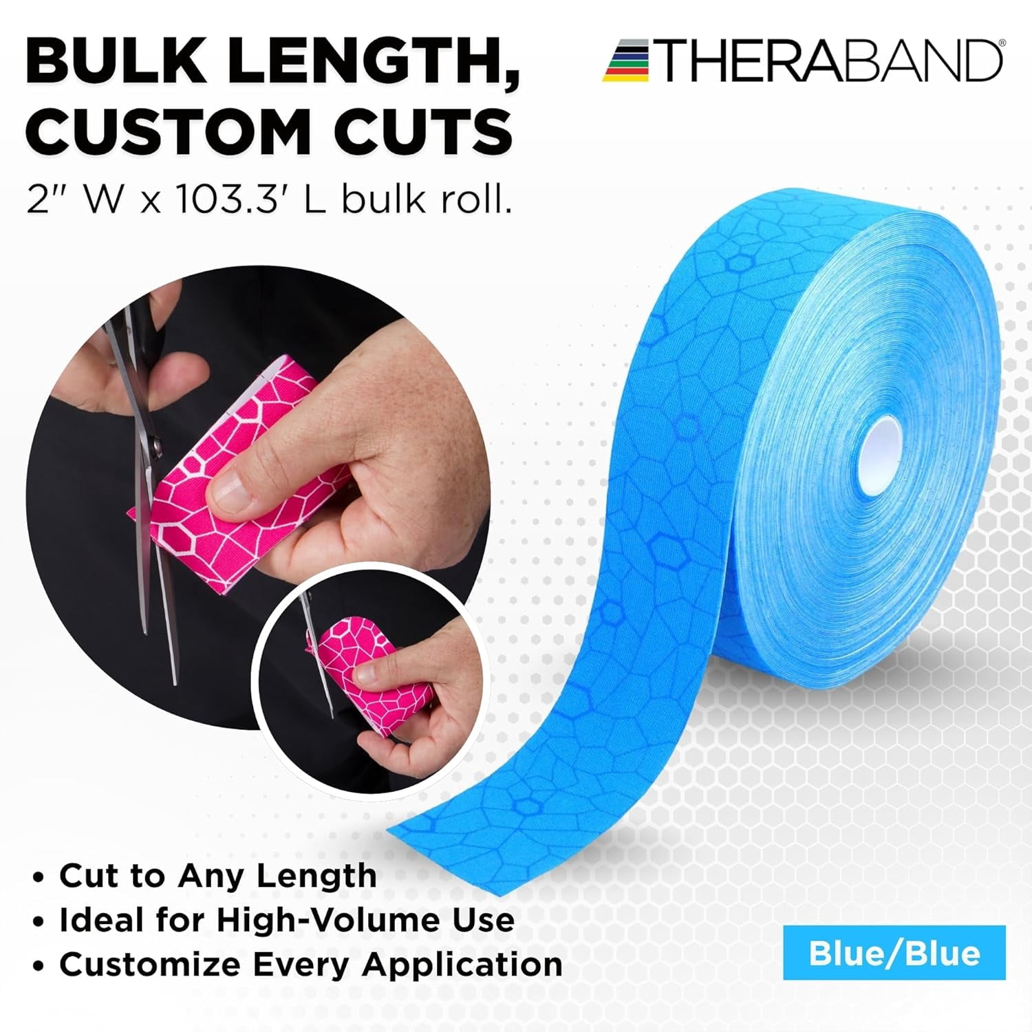 THERABAND Kinesiology Tape, Blue/Blue, 2'' X 103.3 Foot Bulk Roll, with XactStretch Indicators, Latex-Free Sports Tape, Water Resistant, Cut-to-Length