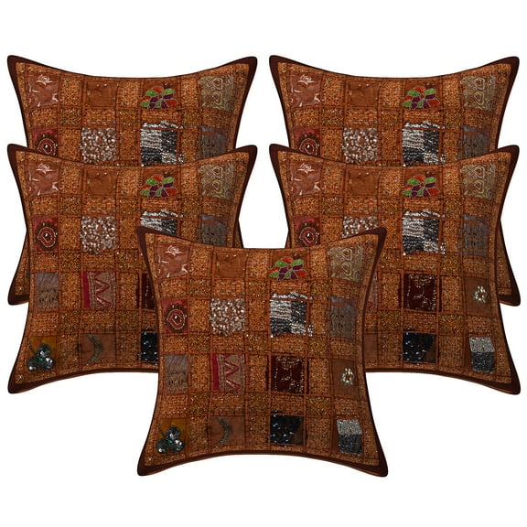 Stylo Culture Indian Decorative Throw Pillow Covers 16 x 16 Patchwork Embroidered Brown Sequins 40 x 40 cm Home Decor Cotton Geometric Square Cushion Covers | Set Of 5