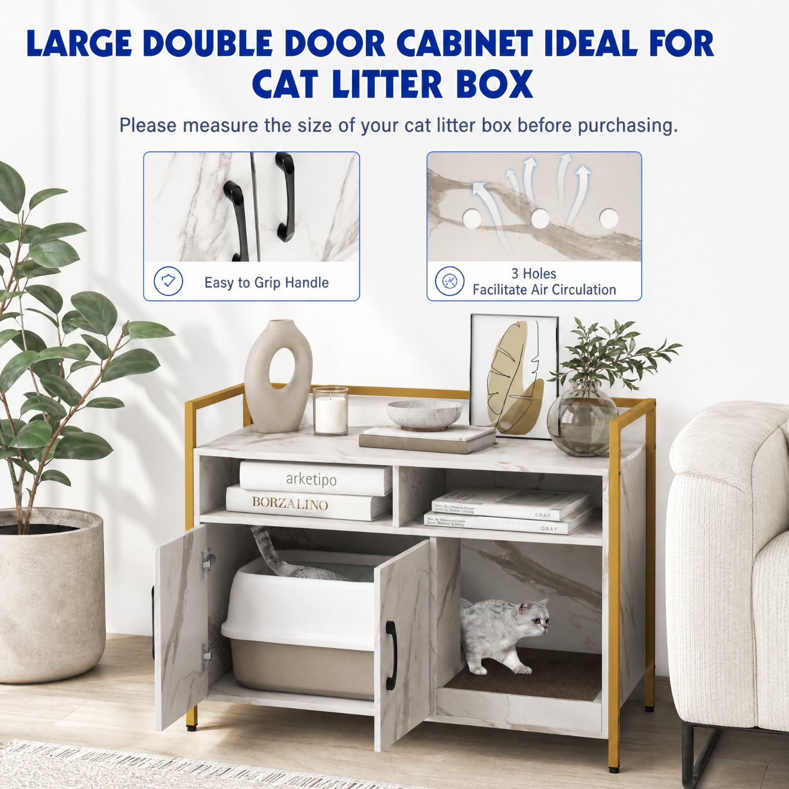 SUGIFT Hidden Cat Litter Box Furniture with Double Doors, Enclosed Cat Washroom Side Table Cabinet with Scratch Cardboard, White