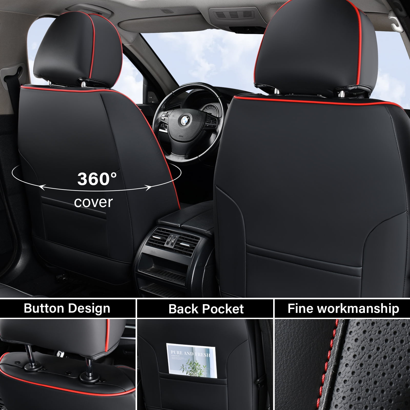 Coverado Black and Red Trim Car Seat Covers Full Set, Premium Leather Front and Rear Split Bench Cover, Automotive Seat Protectors Universal Fit for Most Cars, SUVs and Trucks
