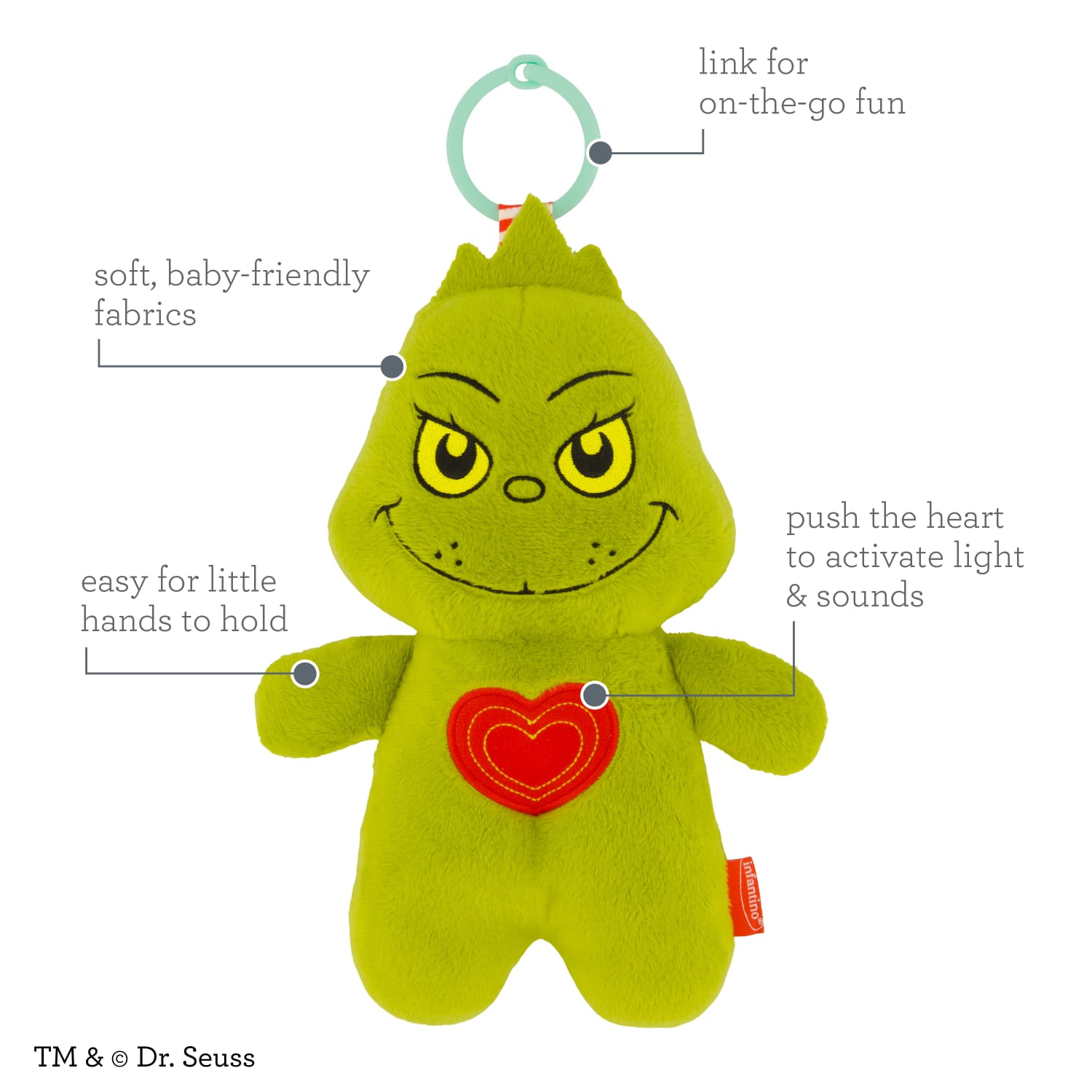 Infantino Musical Light-up Pal - The Grinch, 9.4-inch Holiday Light-Up Plush with Sounds and Melodies