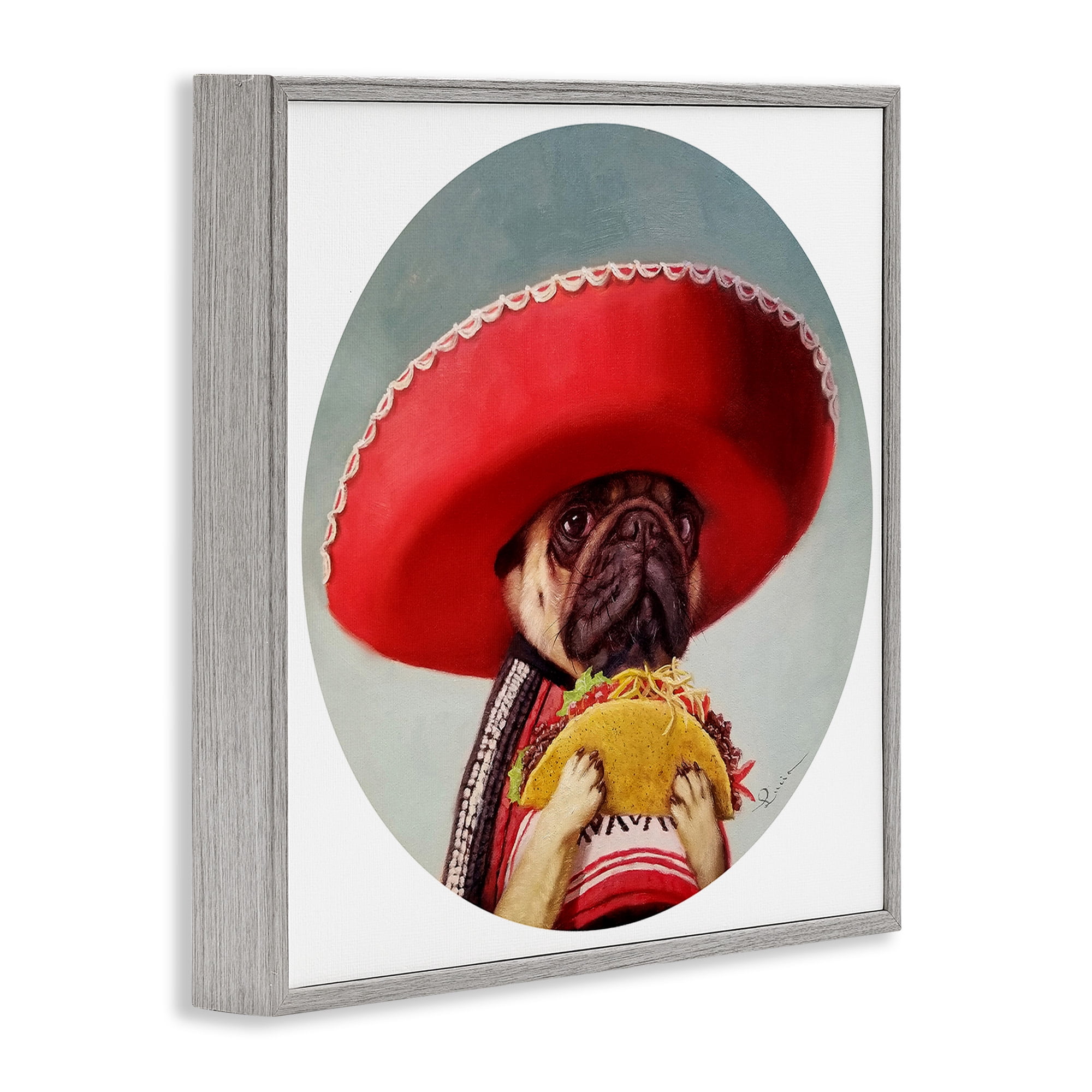 Stupell Industries Pug in Sombrero with Taco Animals & Insects Painting Gray Framed Art Print Wall Art, 24 x 24