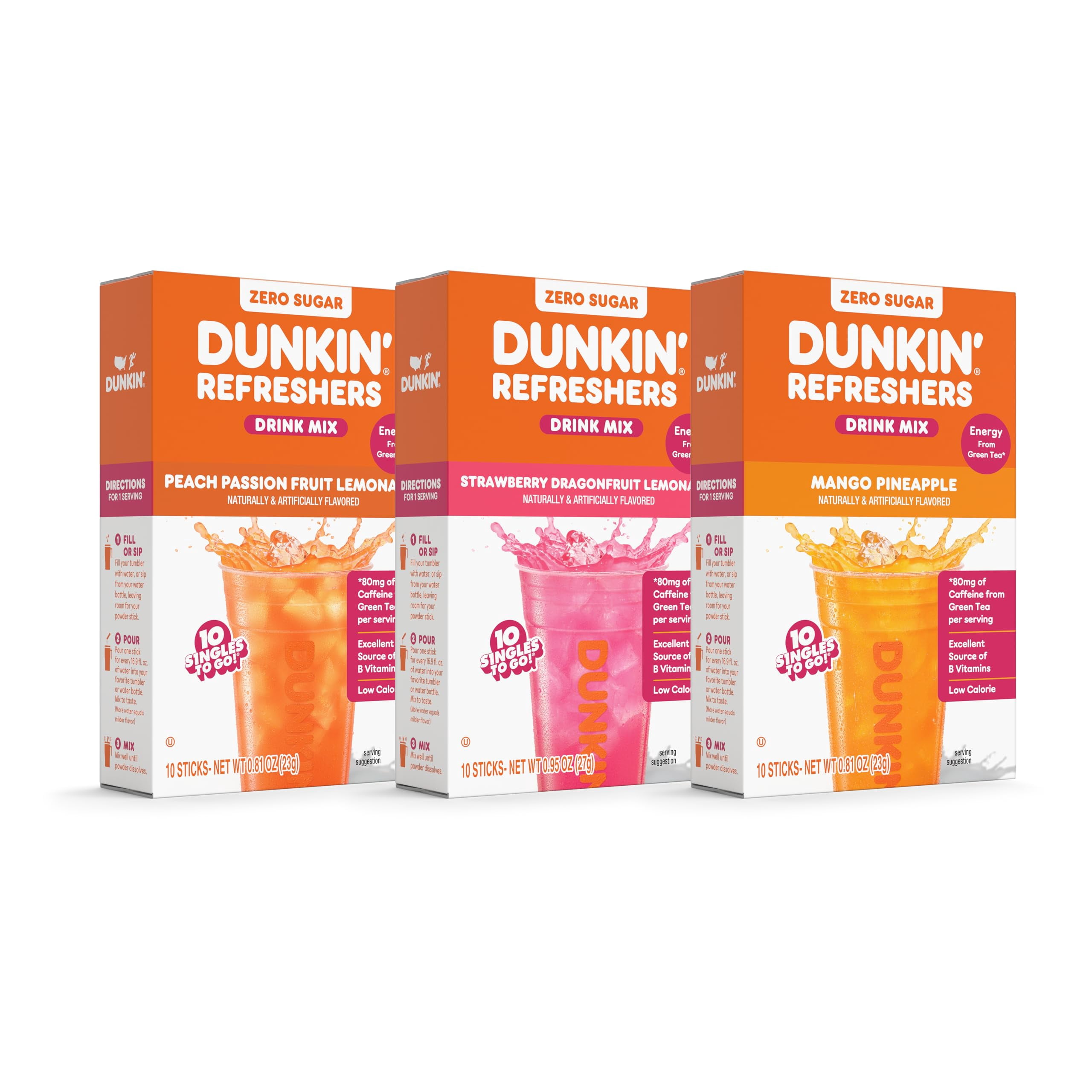 2x | Bundle Of Dunkin’ Refreshers Singles To Go! Powdered Drink Mix Packets, 3 Flavor & 3x 16oz Plastic Cup with Strawless Sip-Lid