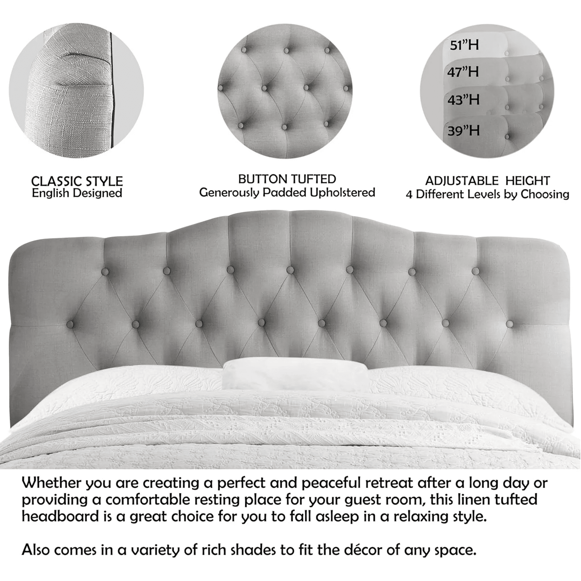 Shengchao Trade Tufted Upholstered Headboard Full Size, Sturdy and Durable Solid Wood headboard, Fabric Headboard Adjustable Height from 34” to 51”, Modern Button Diamond Design Head Board, Gray