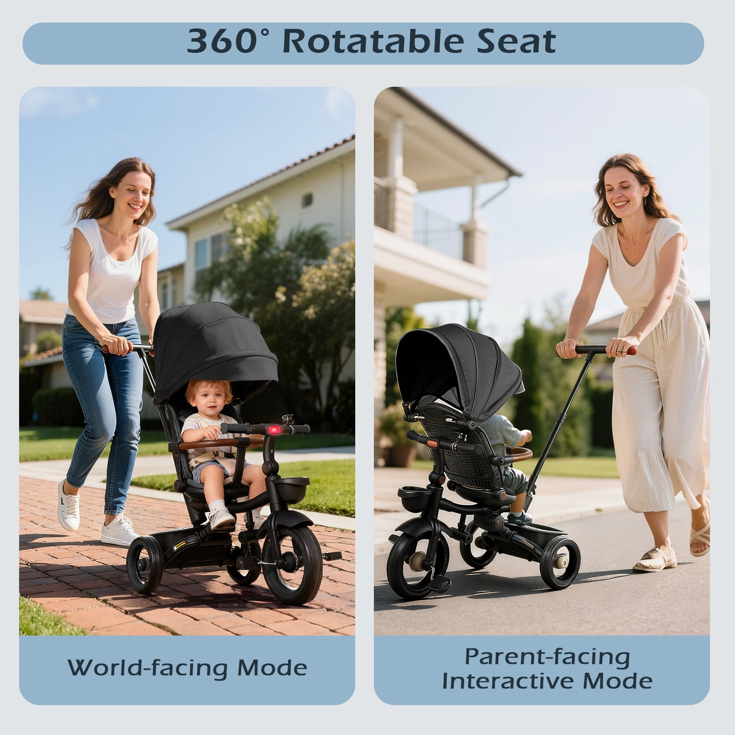 JoyStone 7 in 1 Foldable Tricycle Stroller for Toddler, Baby Tricycle with Adjustable Canopy, Parent Handle, Removable Pedals, Seat Belt and Storage Basket, Kids Bike for Ages 1-6 Boys & Girls, Black
