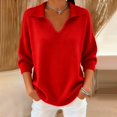 thumbnail image 4 of Women's Solid Color Lapel Collar Pullover, Oversized Loose Fit Sweater, Long Sleeve Casual Top, Plus Size Crew Neck Sweater, Drop Shoulder Shirt, Everyday Loungewear Red M, 4 of 5