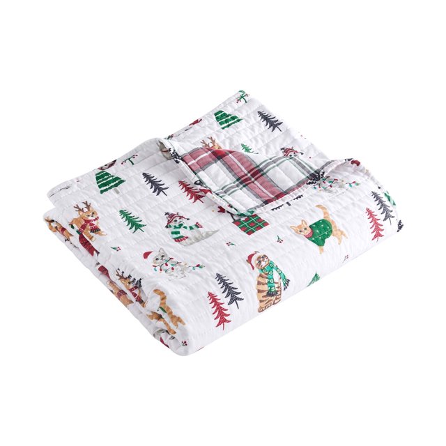 Levtex Home - Meowy Christmas - Manta - Rojo, Verde, Gris y Blanco - Edredón (50x60 pulgadas) y Funda de almohada 50x60 pulgadas - Algodón