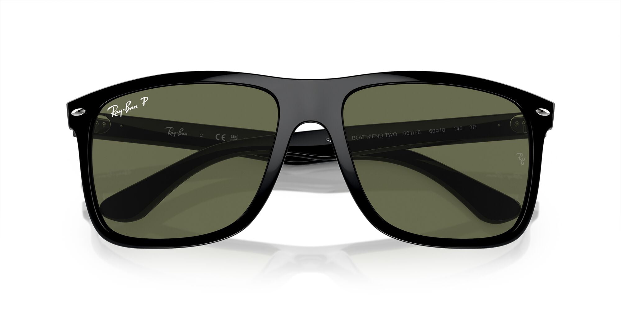Ray-Ban Boyfriend Two Sunglasses with Polished Black Frames and Green Polarized Lenses, Size 60