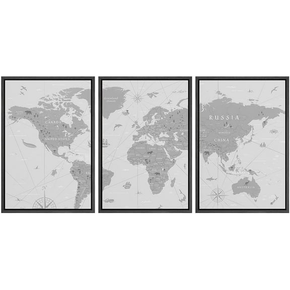 wall26 Framed Canvas Print Wall Art Set Retro Vintage Antique Gray World Map Global Country Illustrations Modern Art International Educational for Living Room, Bedroom, Office - 16"x24"x3 B