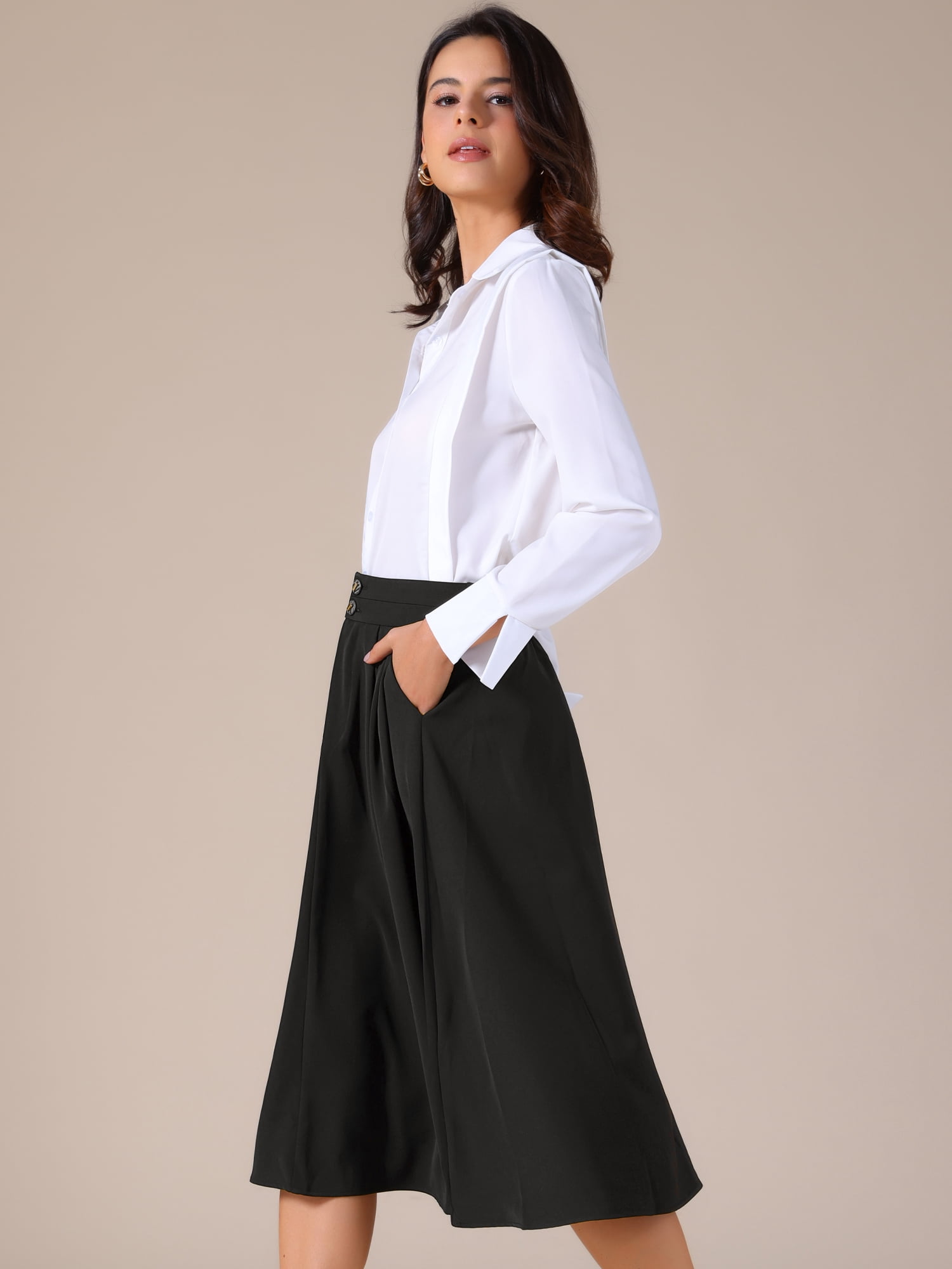 DARING DIVA Women's Flowy A-Line Business Work Skirt with Pockets X-Large Black