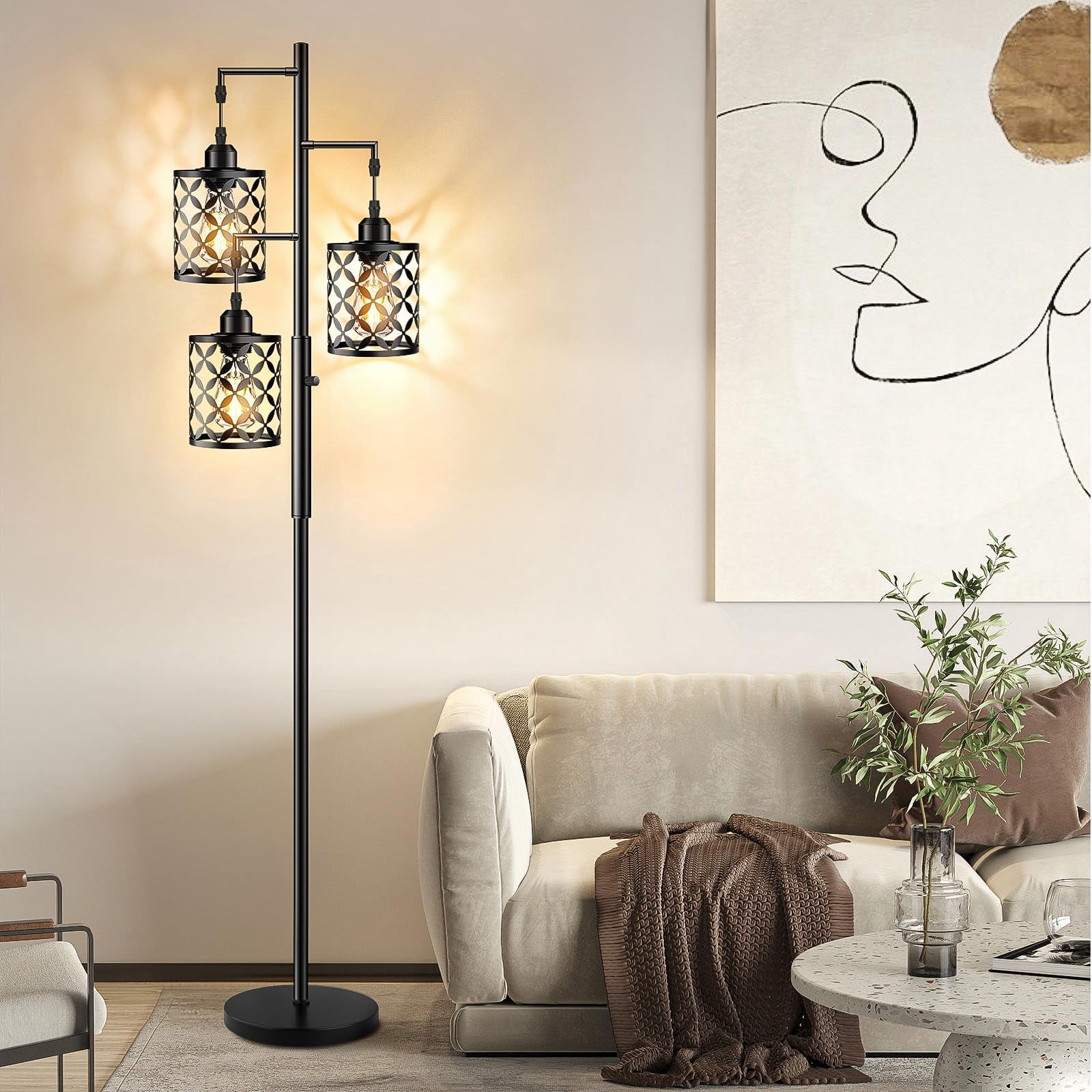 68" Dimmable Floor Lamp  Farmhouse Standing With Elegant Metal Cage Industrial Tall Tree Lamps For Living Room Bedroom Study Office (2000lm Led Bulbs Included) - Black