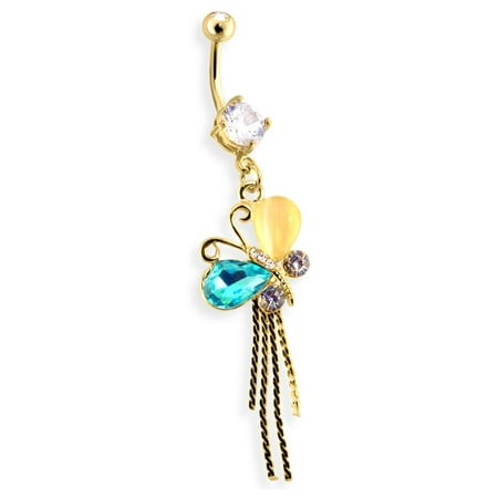 Multi Stone Dangle - Multi Gems And Stones On Butterfly Dangle 14Kt Gold Toned Navel Ring