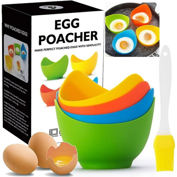 4 Pack Egg Cooker, Poached Egg Poacher with Ring Standers, Food Grade Non Stick Silicone Egg Poacher Cup for Microwave or Stovetop Egg Poaching, with Extra Silicone Oil Brush, BPA Free, Multi-color