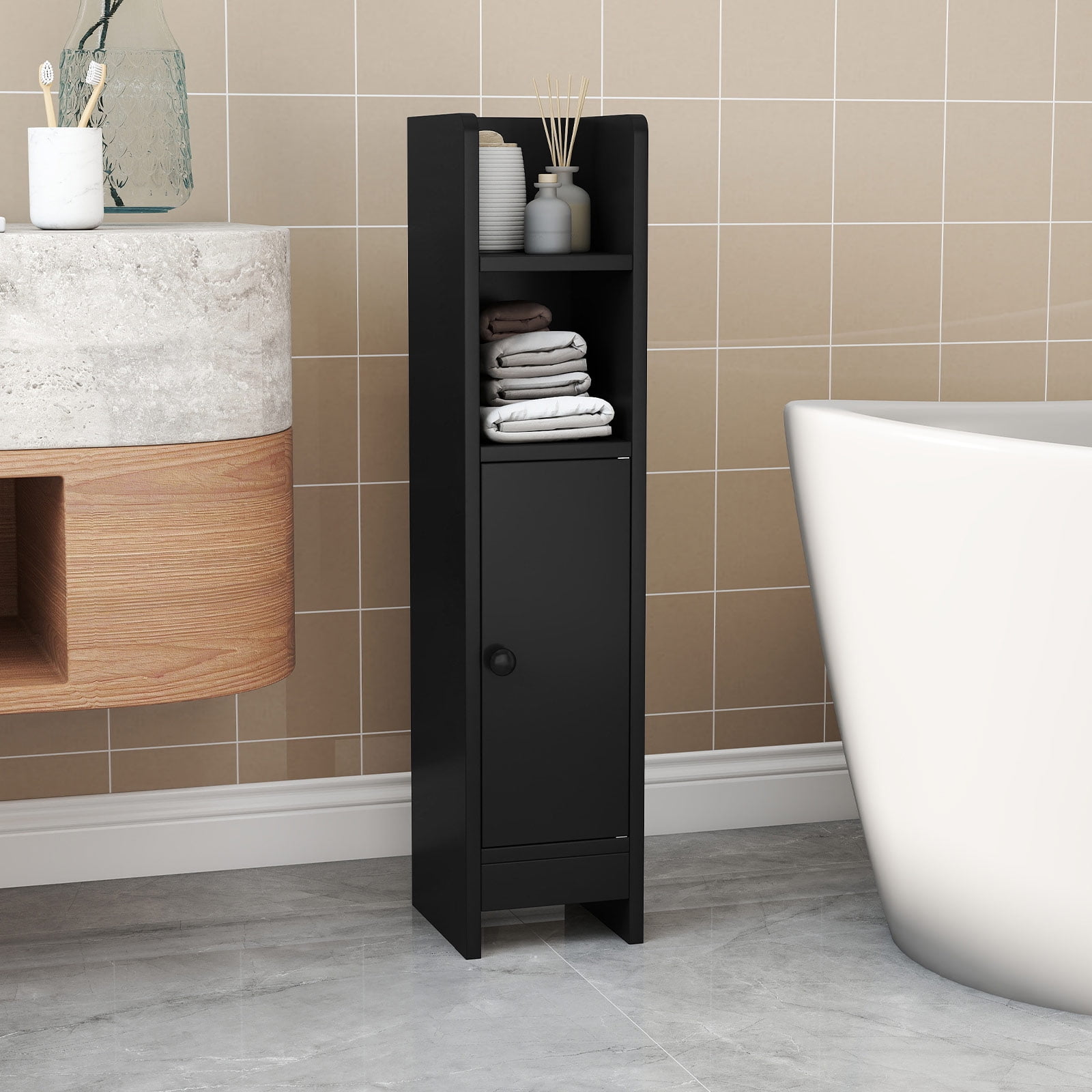 Topbuy Bathroom Storage Cabinet Small Corner Floor Cabinet with Door and Adjustable Shelves Toilet Paper Holder Stand Black