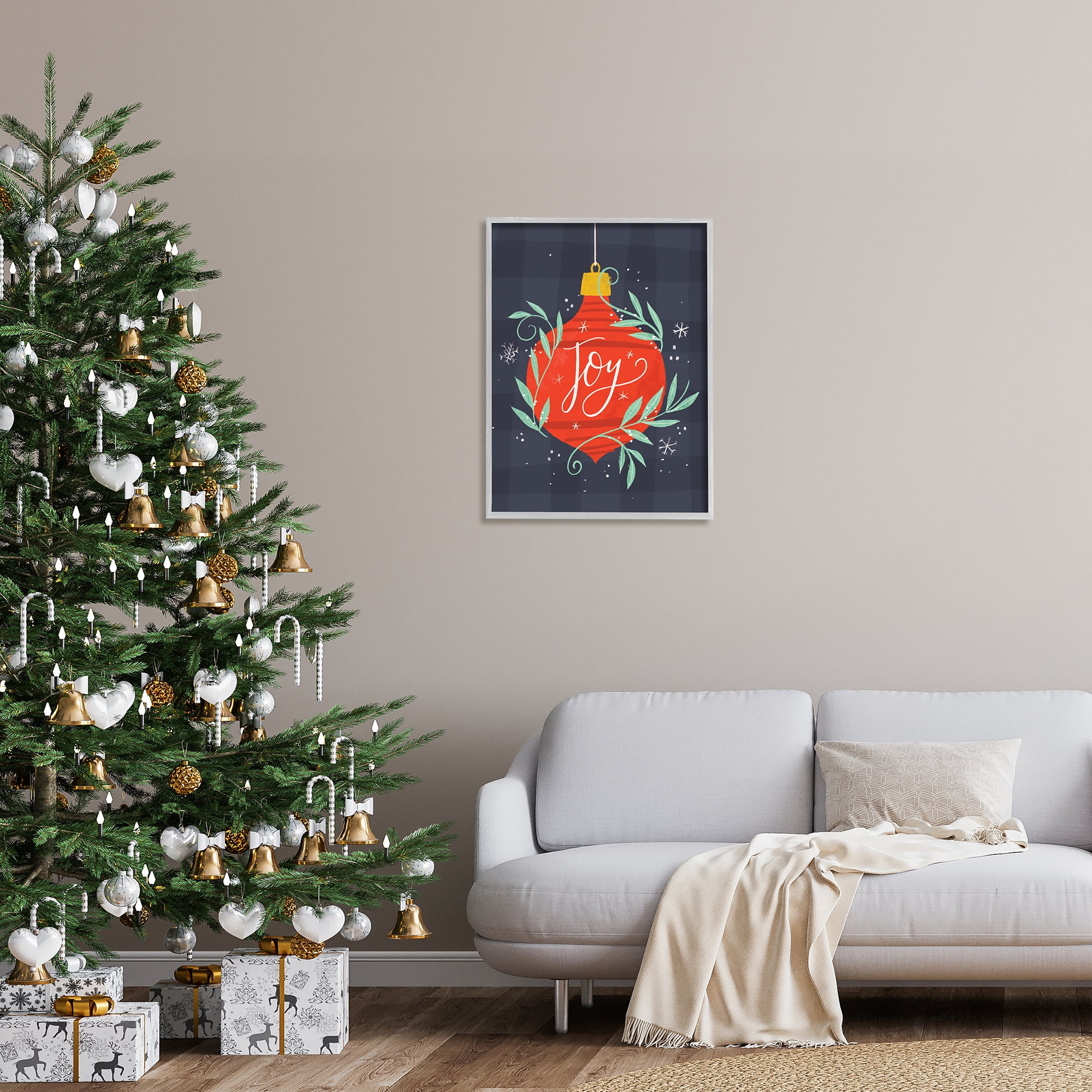 Stupell Indtries Joy Sentiment Festive Red Holiday Ornament Grey Plaid,24 x 30,Design by Loni Harris