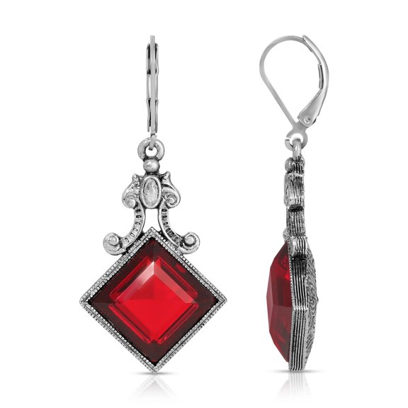 1928 Jewelry Women's Scroll & Square Siam Red Stone Drop Earrings