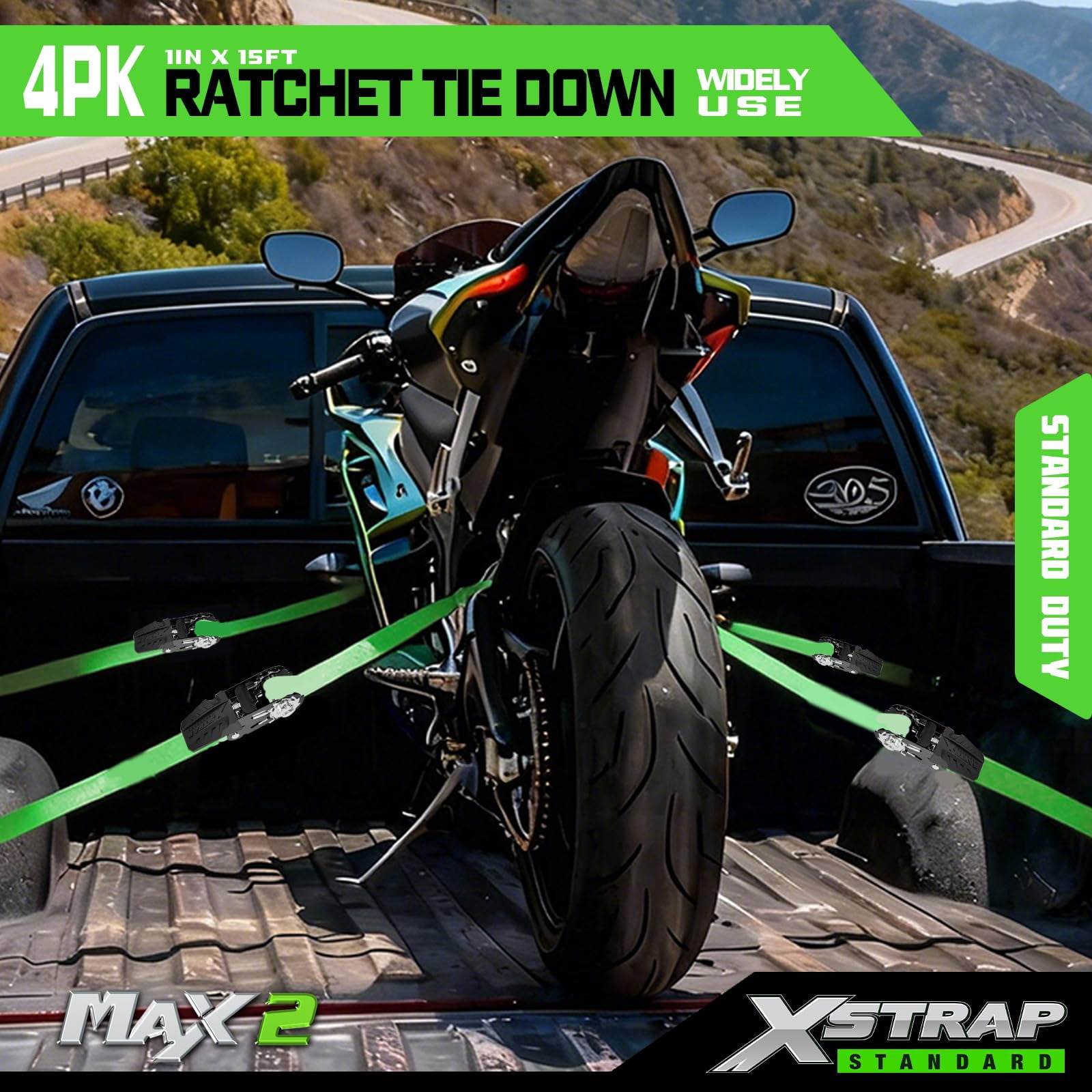 XSTRAP STANDARD Ratchet Tie Down Straps - 4 Pk - 1'' x 15 Ft 1890 Lbs Break Strength-Cargo Straps with Integrated Soft Loops, Truck (Green)