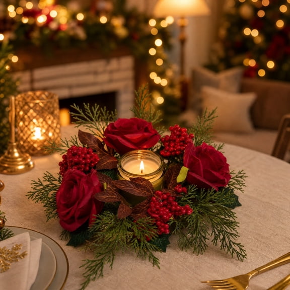 SCNOR Artificial 11.8in Christmas Candle Ring Wreath, Red Berry Rose Table Centerpiece for Holiday Mantel Decor