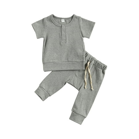 

IZhansean 2Pcs Newborn Baby Boy Summer Oufits Short Sleeve Button Pullover Top Pants Clothes Gray 3-6 Months