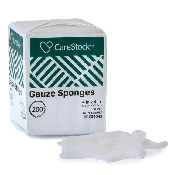 CareStock Gauze Sponge - Highly Absorbent, Medical-Grade Cotton Wound Dressing, First-Aid Essential - Non-Sterile 8-Ply Square, 4 x 4 in., 200 per Pack, 1 Pack