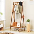 thumbnail image 2 of Costway Bamboo Clothes Rack Clothing Rack with Hanging Rod Rattan Shelf & 5 Copper Hooks Coffee, 2 of 10
