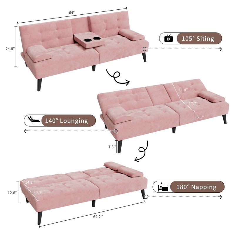 Walsunny Convertible Futon Sofa Bed, Foldable Futon Sleeper Sofa Bed with 2 Cup Holders, Folding Loveseat Recliner with 3-Angle Adjustment Modern Couch for Living Room, Small Space, Pink